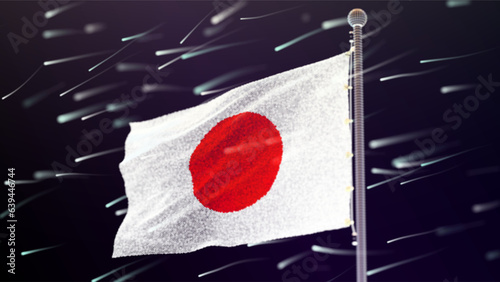 Flag of Japan made of luminous dots, bottom view. Fluttering in the wind. Vector.