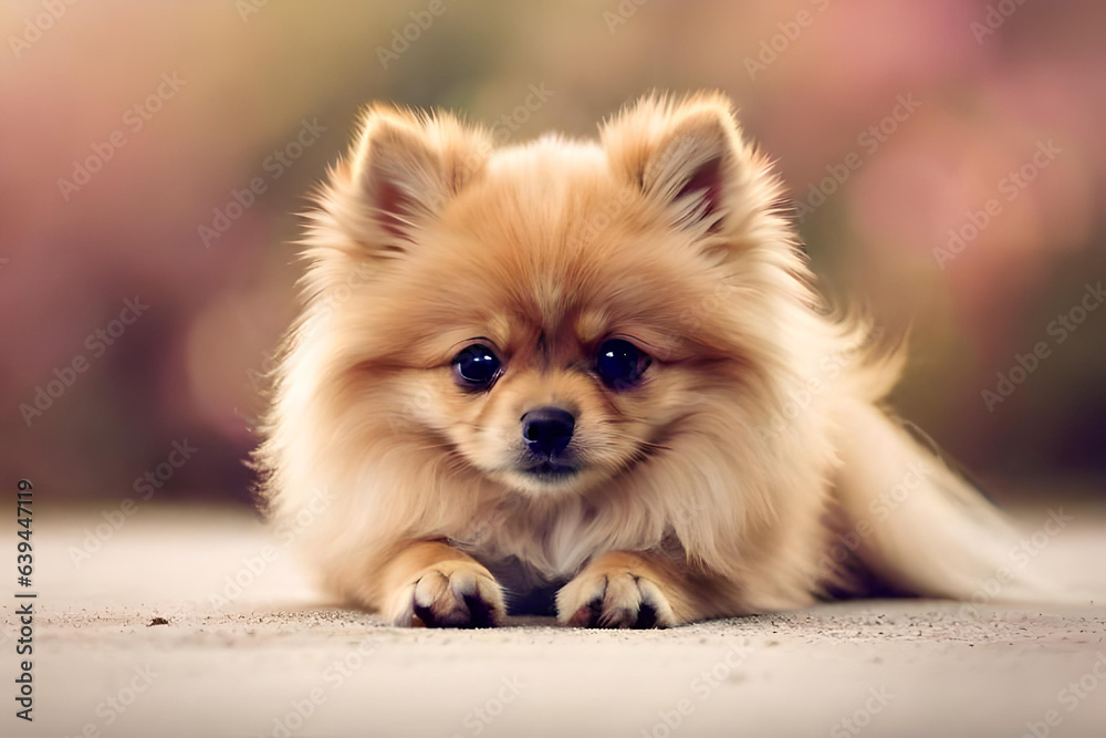 Portrait of an adorable lap dog, Pomeranian looking at the camera. Generative AI