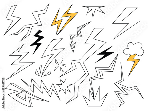 Set of thunderbolt element. Hand drawn doodle style collection of different electric lightning bolt