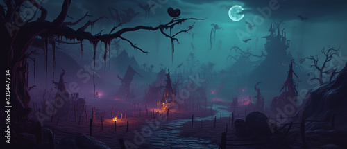 Colorful background of Halloween collection through a misty sky, in the style of light cyan and dark violet, Created with generative AI tools.