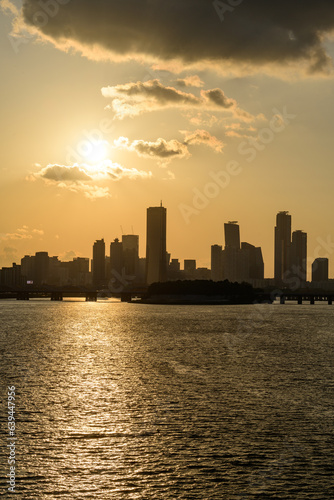 The night view of the city of Yeouido  a high-rise building  shot at Dongjak Bridge in Seoul at sunset