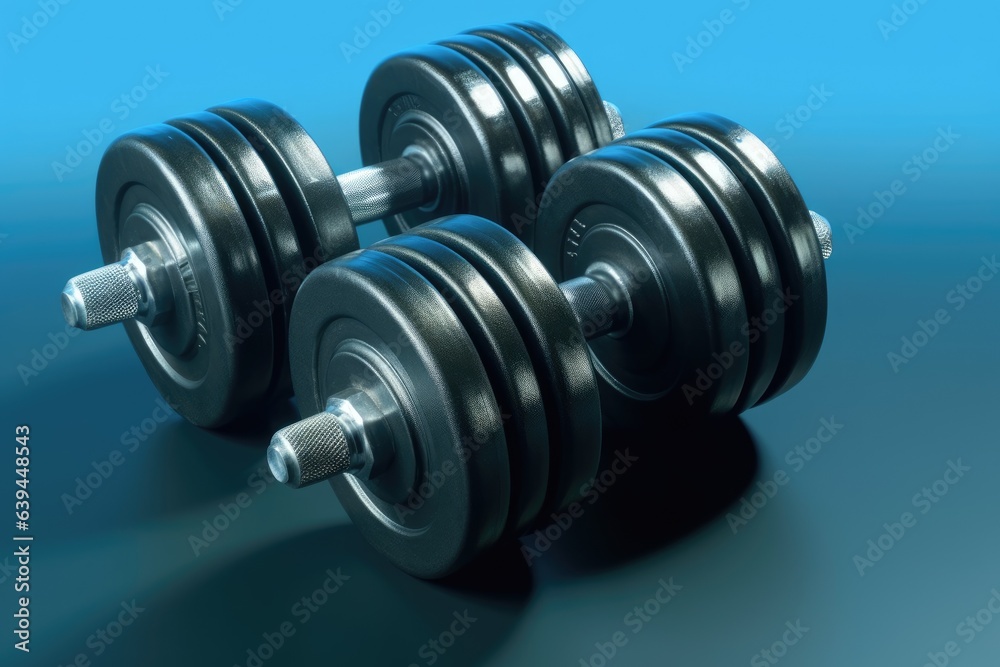 exercise dumbbell weights on a blue backdrop. Generative AI exercise dumbbell weights on a blue backdrop. Generative AI