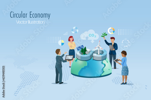 Business team analyzing circular economy symbol with wind turbines, solar panel on world. Responsible, green business and sustainable environment strategy goal in global economy.