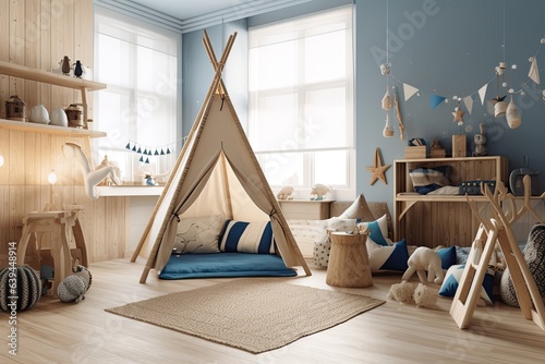 Scandinavian-styled children's bedroom mock-up with a wooden bed and soothing colors. Generative AI