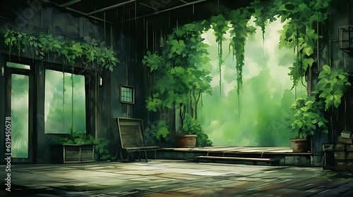 Watercolor interior green building environment background. 8k resolution