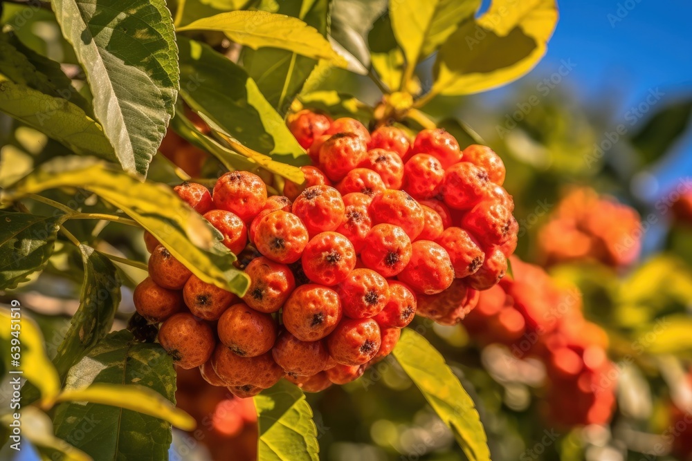 View of mature, reddish-orange rowan berries up close on a rowan tree. exceptional image. Generative AI