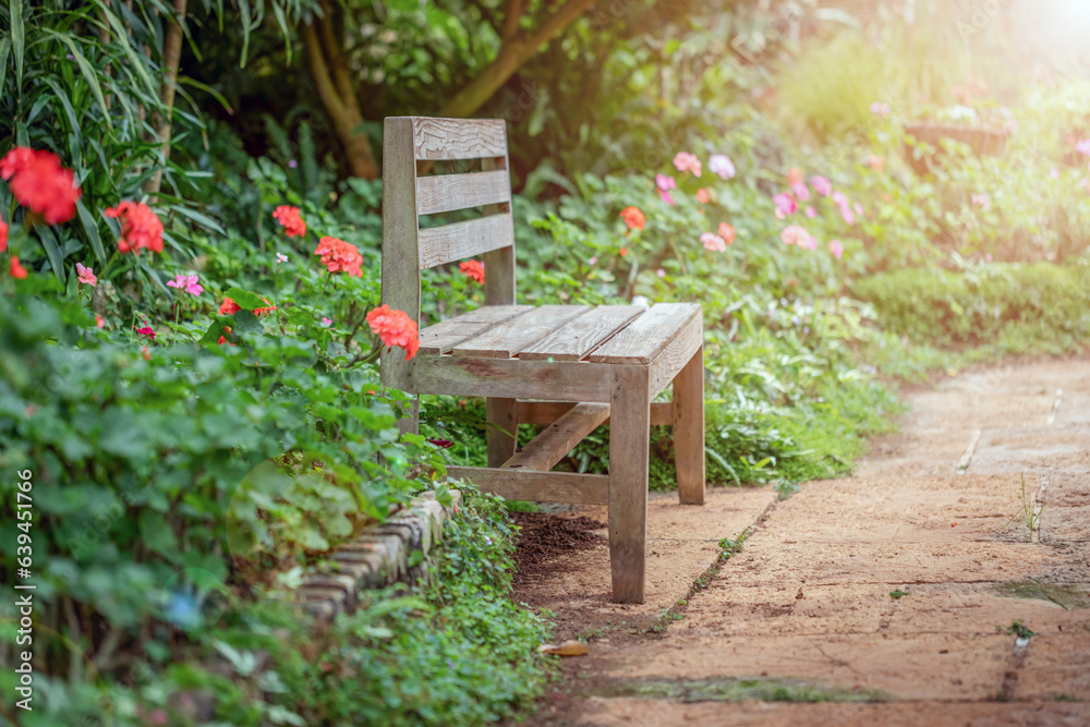 Wood chair in autumn flowers garden background. Wood chair in autumn flowers garden background.