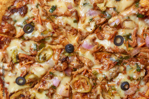 Canvas Print close-up of spicy devilled chicken pizza, freshly made pizza mixed with grilled