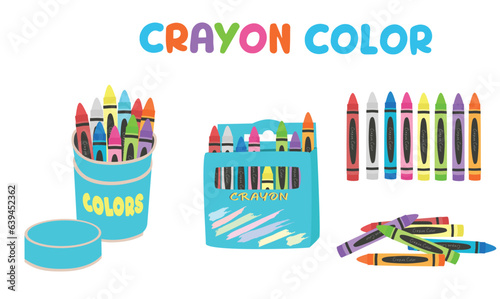 Crayon vector set or wax pastel vector set. Back to school concept. School supplies vector. Stationery. Crayon box. Learning and education concept. Flat vector isolated on white background.