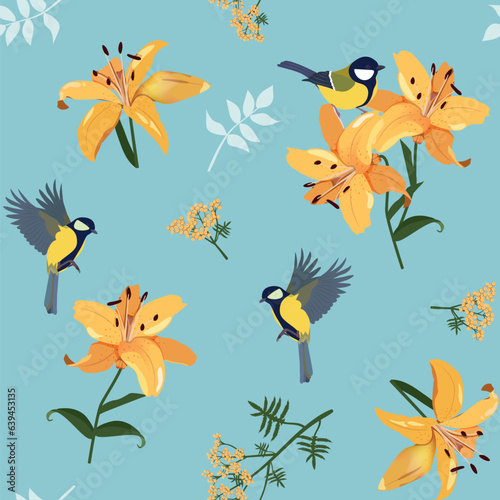 Beautiful yellow lilies and titmouse on a blue background. Seamless vector illustration.