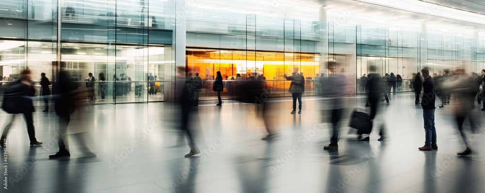 People walking through an airport, motion blur