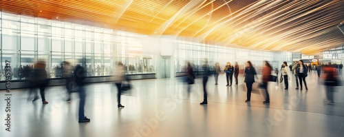 People walking through an airport, motion blur