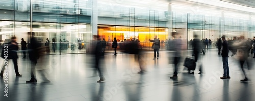 People walking through an airport, motion blur