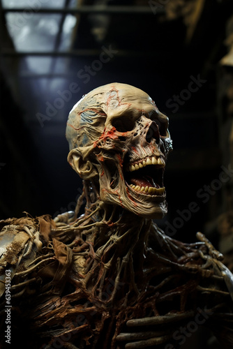 Hungry decomposing zombie walking dead through a decrepit old building at night with mouth open and teeth showing photo