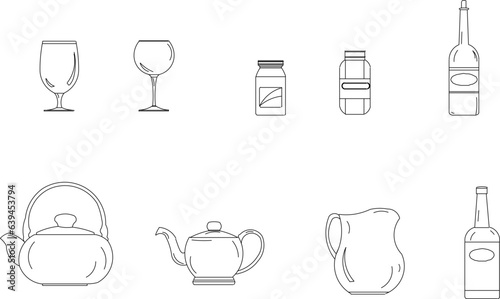 Vector sketch illustration design of kitchen set kitchen utensils and equipment and wine drinker