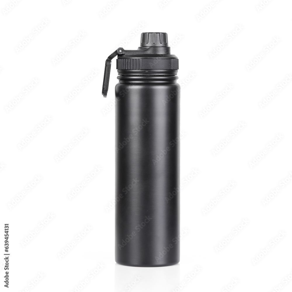 Steel water bottle with black plastic lid water bottle isolated in White Steel water bottle with black plastic lid water bottle isolated in White
