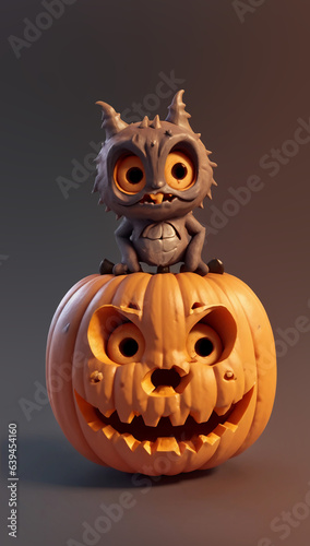 Little Brown Monster on Carved Pumpkin 3D Render Jack o Lantern