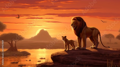 lion and lioness in the savanna at sunset 