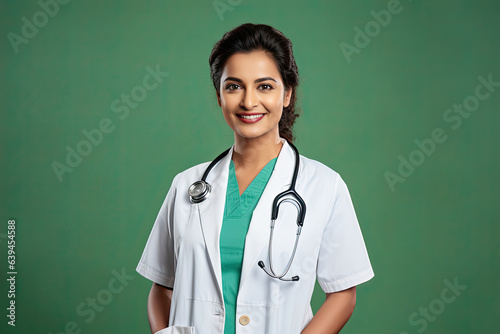 An Indian young female doctor isolated on green.
