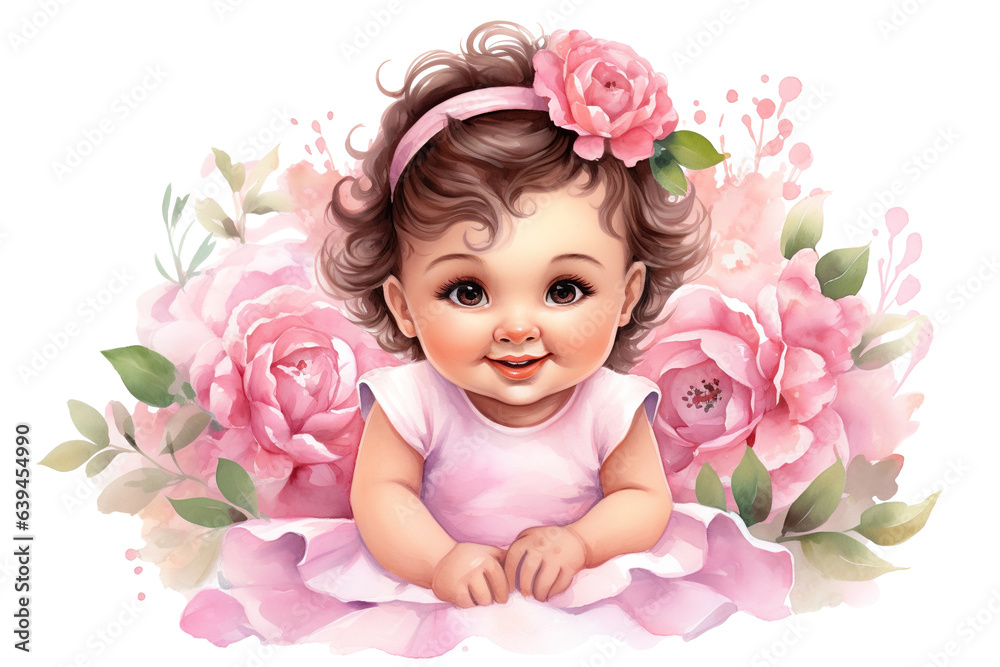 watercolor clipart of a joyful baby girl with a charming smile, dressed in a delightful pink outfit from head to toe with flowers clipart watercolor clipart of a joyful baby girl with a charming smile, dressed in a delightful pink outfit from head to toe with flowers clipart