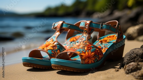 Colorful summer sandals on beach in paradise as graffiti © Dushan