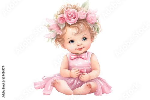 watercolor clipart of a joyful baby girl with a charming smile, dressed in a delightful pink outfit from head to toe with flowers clipart © JetHuynh