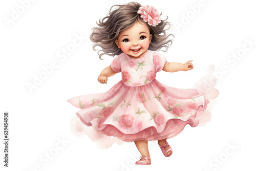 watercolor clipart of a joyful baby girl with a charming smile, dressed in a delightful pink outfit from head to toe with flowers clipart
