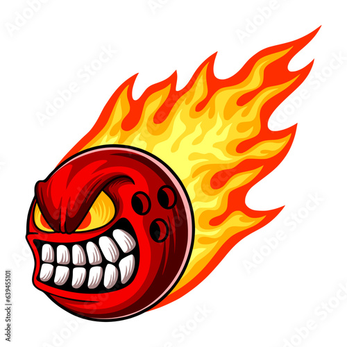 Fiery bowling ball with angry face vector illustration. Bowling ball in flames for t-shirt design, sport team logo, mascot, poster, emblem, and patch