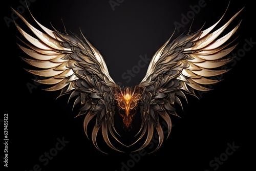 Wings of fantasy. Elegant angel and majestic bird design on black background. Flight of imagination. Vintage inspired illustration. Spirits soar. Symbolic harmony