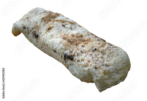 Homemade Egg white wraap stuffed with Chicken breast and Truffle sauce isolated on white background with clipping path. Selective focus.