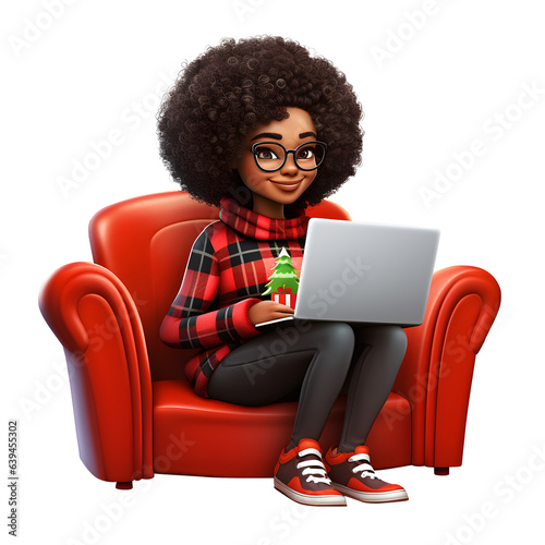 3D cartoon character young woman Wearing a Christmas sweater with using laptop computer, Happy smiling sitting on cozy armchair , isolated on white and transparent background, ai generate