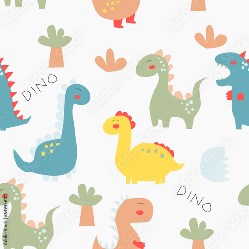 Cute and Colorful Dinosaur Vector Seamless Pattern