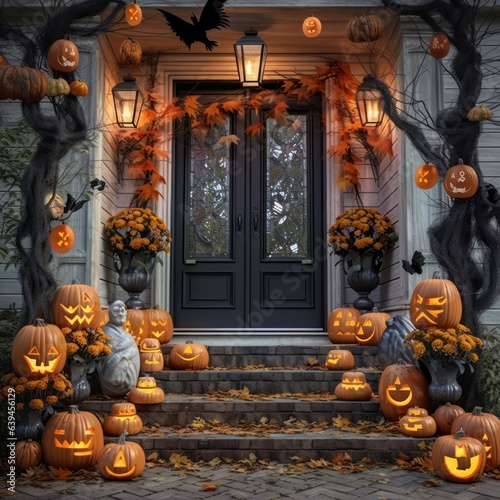 halloween decorated front door with various size and shape pumpkins.