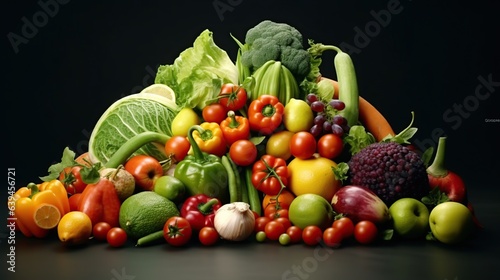 Fruits and vegetables on a black background. Healthy food concept.