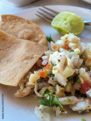 seafood ceviche with lime and tortilla chips