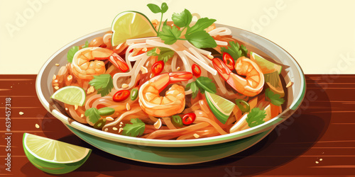 Pad Thai, tangled with fresh prawns and tofu. vector illustration artwork.generative ai