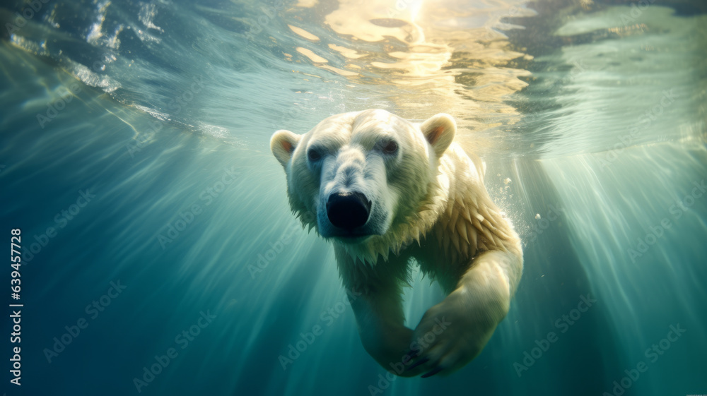 photograph of a polar bear swimming underwater in the arctic ocean - obrazy, fototapety, plakaty 