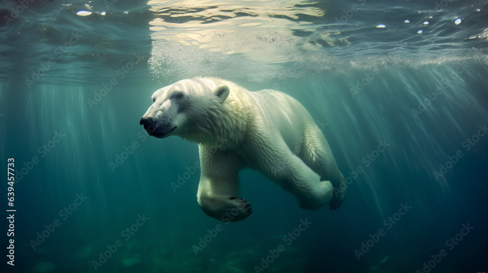 photograph of a polar bear swimming underwater in the arctic ocean,generative ai - obrazy, fototapety, plakaty 