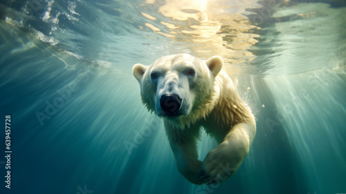 photograph of a polar bear swimming underwater in the arctic ocean