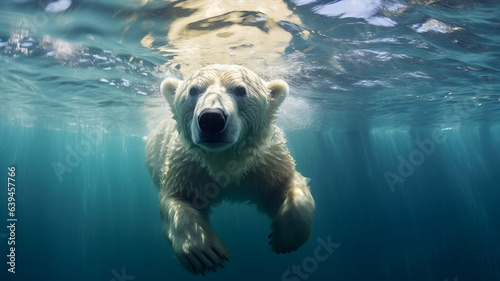 Foto photograph of a polar bear swimming underwater in the arctic ocean