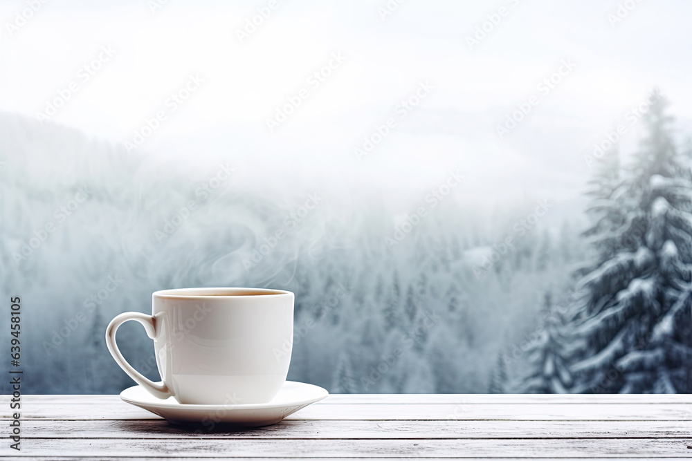 Hot steaming coffee cup standing on wooden table with background of winter forest