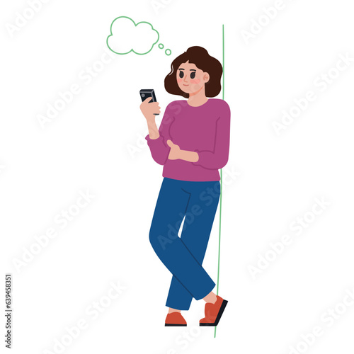 Portrait of woman leaning against the wall and look at the her phone vector illustration