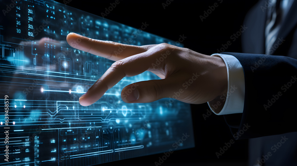 Businessman touch the screen on digital background Businessman touch the screen on digital background