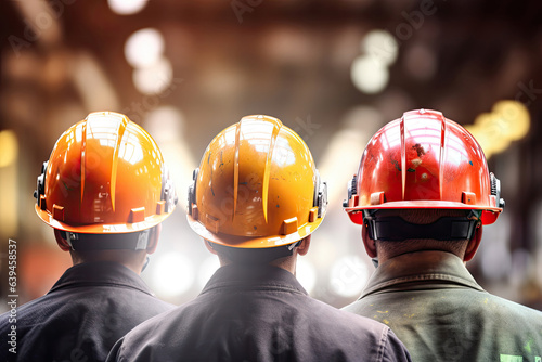 Back view of three men wearing safety helmets