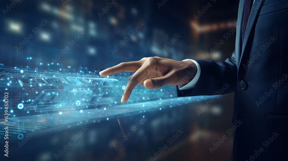 Businessman touch the screen on digital background