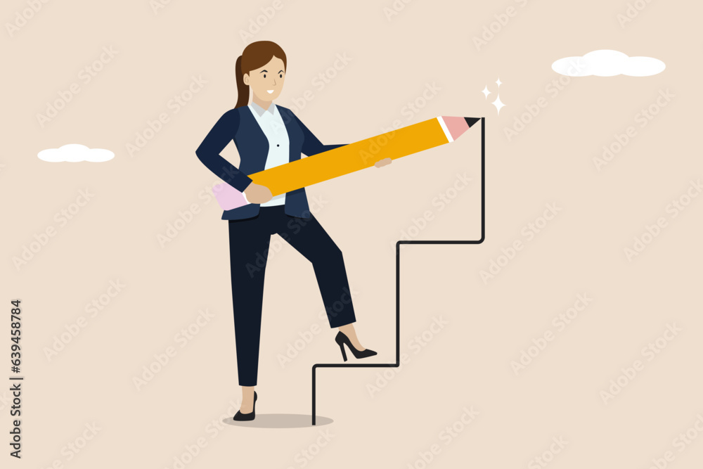 Ladder to success, growing career path thriving, planning for self improvement, self made success concept, confident businesswoman pulling ladder to climb success. Ladder to success, growing career path thriving, planning for self improvement, self made success concept, confident businesswoman pulling ladder to climb success.