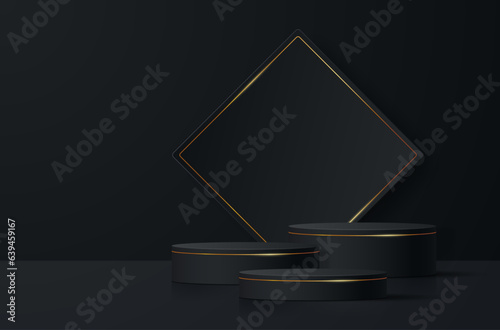 A group of podiums with golden lines on a dark background with a geometric square figure.