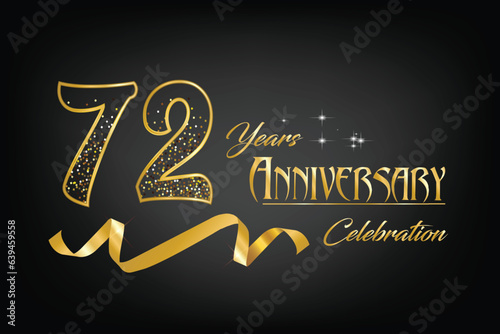 Celebrate the 72th anniversary with gold letters, gold ribbons and confetti on a dark background