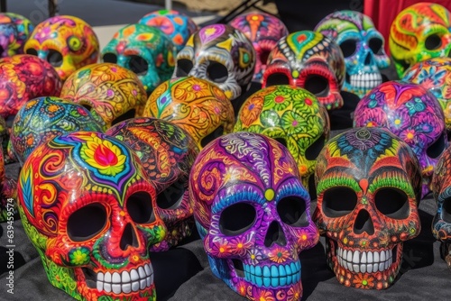 Decorative skulls made of multicolored porcelain that are traditional Mexican keepsakes. Generative AI © Lasvu