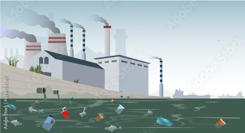 polluted sea from industrial factory wastem, sea pollution from chemicals vector illustration